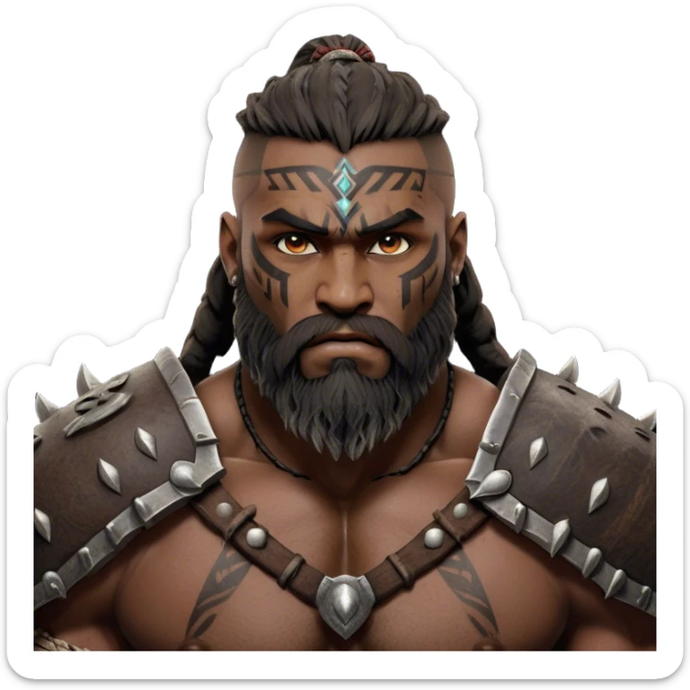 Clash of Clans aesthetic: Cinematic Rugged Barbarian Portrait Emoji, Intense and formidable with a heavily muscled physique, a rugged beard, piercing eyes, and battle-worn armor adorned with tribal markings, his expression fierce and resolute, Simplified yet powerfully detailed features, highly detailed, glowing with a deep, primal energy, high shine, gritty and uncompromising, stylized with an air of raw, untamed power, focused and determined, soft glowing outline, capturing the essence of a barbarian warrior carved by countless battles and poised to lead his clan into epic conflict! sticker