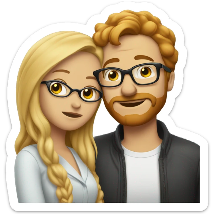 Blonde haired man with facial hair kissing a red haired woman wearing glasses sticker