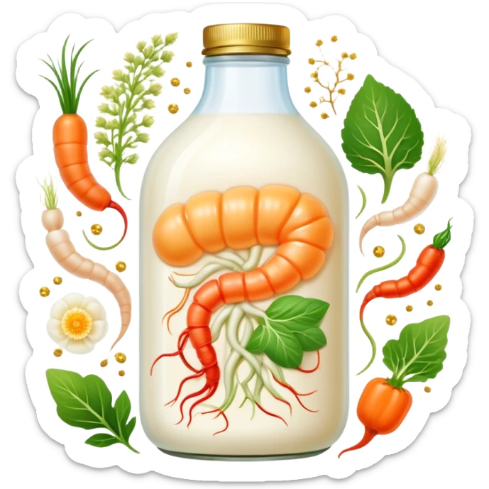Probiotic foods (yogurt, kefir, kombucha bottle, miso, kimchi, sauerkraut) surrounding a glowing intestinal system. Tiny beneficial bacteria represented as golden particles flow between the foods and the intestine, creating a garden-like ecosystem of inner harmony and health. sticker