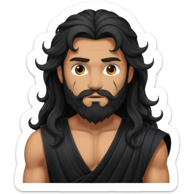 Hades from Olympus Gods with long black wavy hair and beard, black loincloth sticker