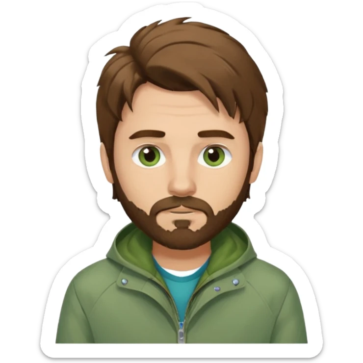 male with long messy brown hair, small facial hair, greyish blue eyes, wearing a green jacket sticker