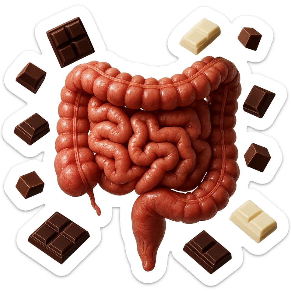 pezzetti di cioccolato fondenti, al latte e bianchi fluttuano intorno ad un intestino umano anatomico realistico, IPERREALISTICO 4K sticker