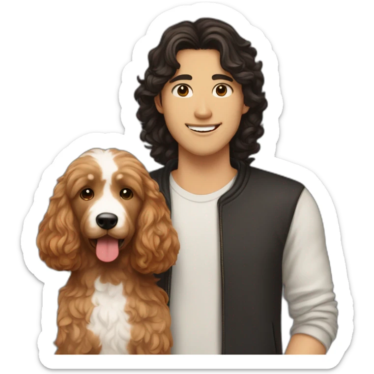guy with brown wavy hair and asian girl with long black hair holding red goldendoodle sticker