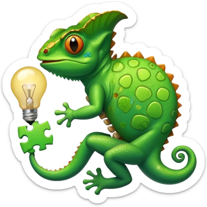 cameleon qui tien une piece de puzzle dans une main et une ampoule dans l'autre et un cerveau sur la langue sticker