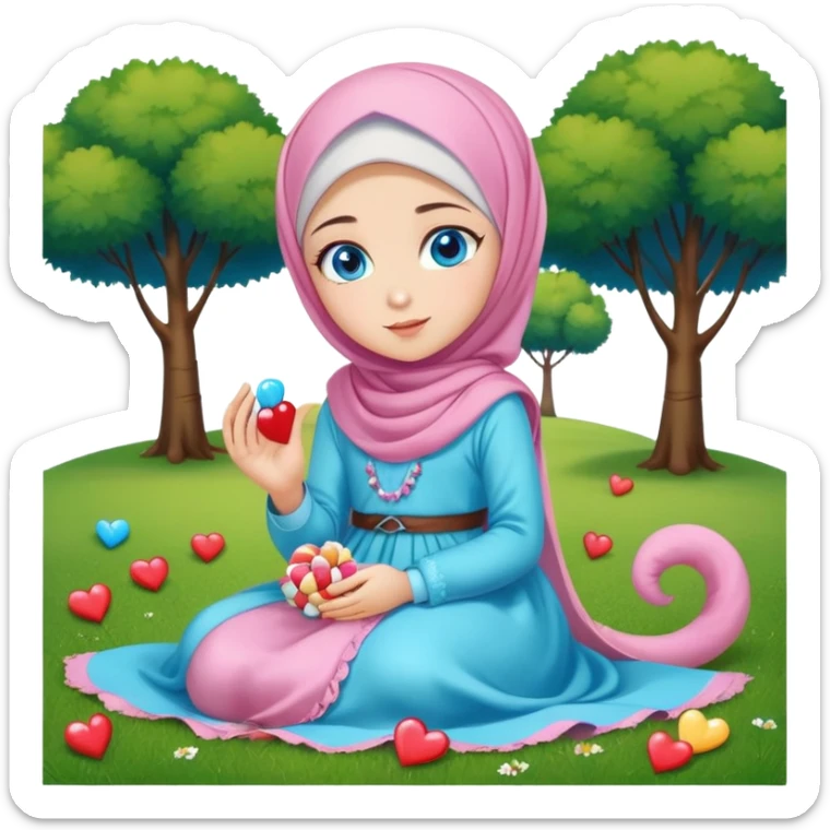 Turkish beautiful finish Konya girl blue eyes with candy hijab long tail dress and sits on the grass on the ground and sends hearts with her hand  sticker