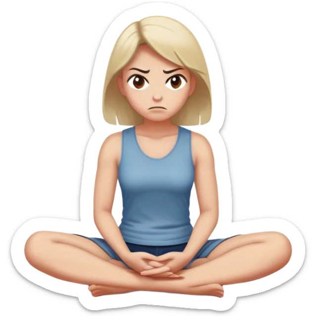 angry woman sitting cross-legged on floor with arms firmly crossed, face turned away, furrowed eyebrows and frowning expression, speech bubble ignored or crossed out nearby, back partially turned to conversation sticker