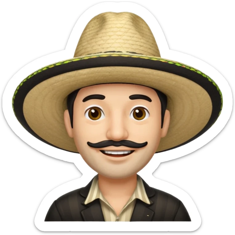 A happy fair skinned Colombian man with minimal facial hair wearing a black and beige stripped Colombian sombrero sticker