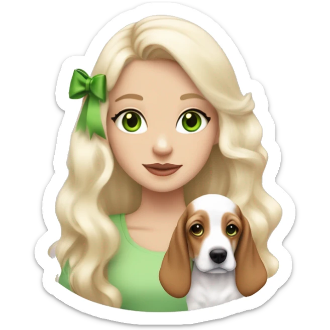 pale blonde girl with long platinum white wavy hair with bright green eyes and wearing a light pink hair bow holding a brown and white basset hound puppy also wearing a hair bow sticker
