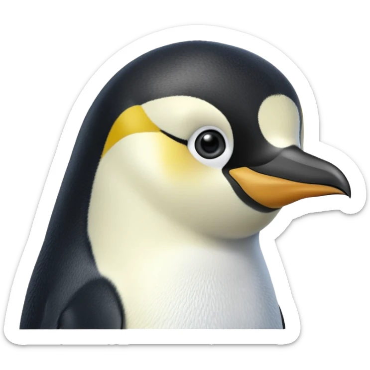 cinematic-adult-emperor-penguin-portrait-emoji,-head-tilted-playfully-and-inquisitively,-with-glossy,-pristine-plumage,-sparkling-eyes-filled-with-curiosity,-simplified-yet-irresistibly-adorable-features, black, large black eyes face sticker