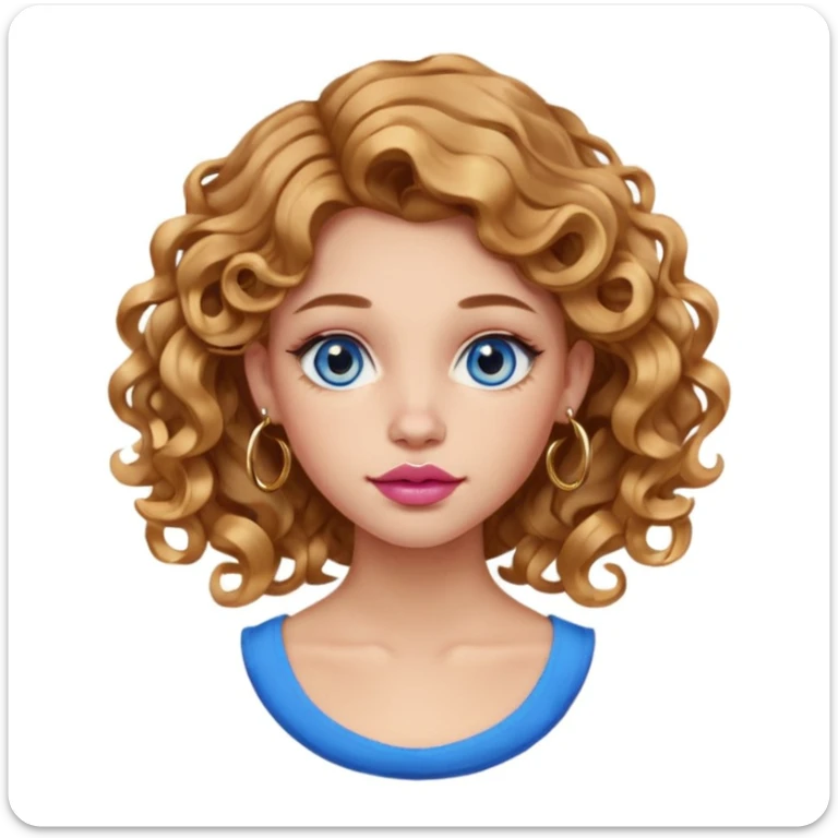girl with light brown honey wavy hair (subtle side part and 2b curls). blue eyes. one golden nostril piercing (hoop). 6 golden hoop earrings. one golden hoop helix piercing. pink big lips.  sticker