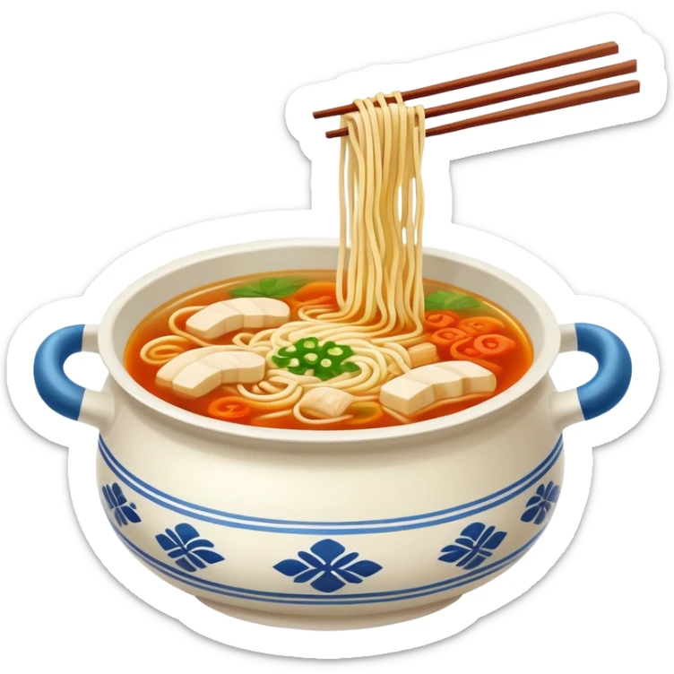 Yunnan Crossing the Bridge Noodles with raw ingredients and hot broth in special pot, simplified emoji style with bold outlines and bright colors, cartoon style unique serving method sticker