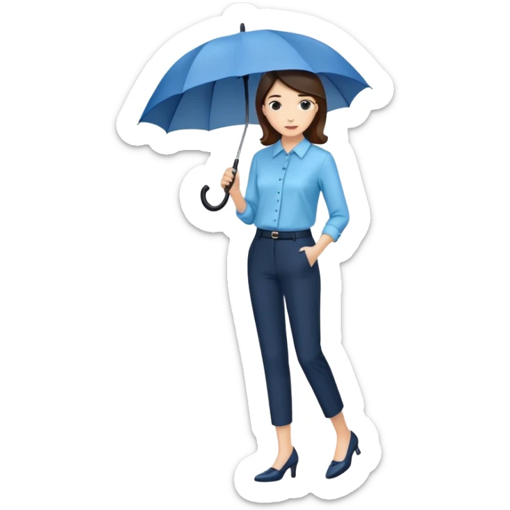female smart light blue blouse, dark trousers, shoes. one hand holding an umbrella sticker