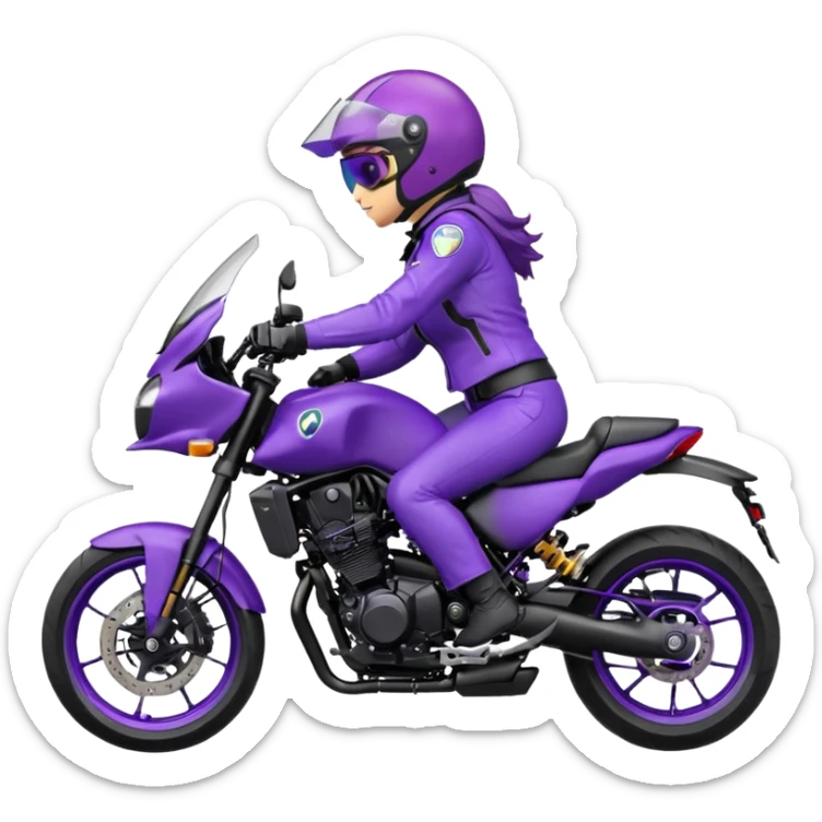 Créer un emoji avec une moto mt07 sport noir mate / violet iridescent très foncé, pare-brise de la moto violet. Avec une femme pilote dessus, visage caché’ par la visière violette, visière cachant tout le visage .Avec en arrière plan cercle violet. sticker