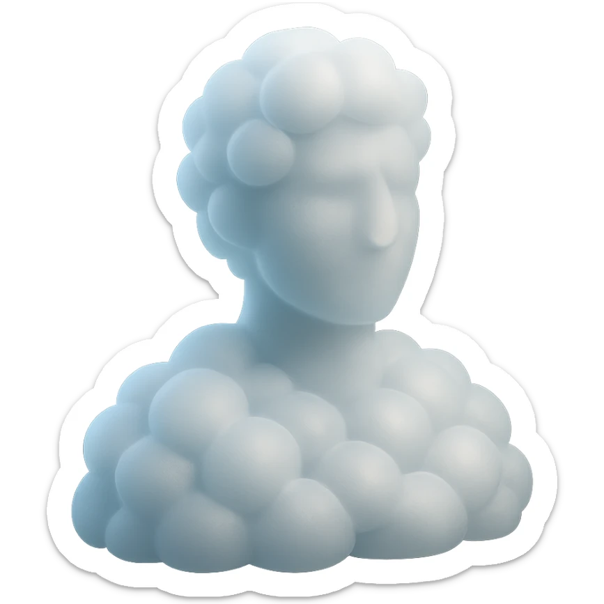 A person from the shoulders up, entirely composed of fluffy white convex clouds sticker