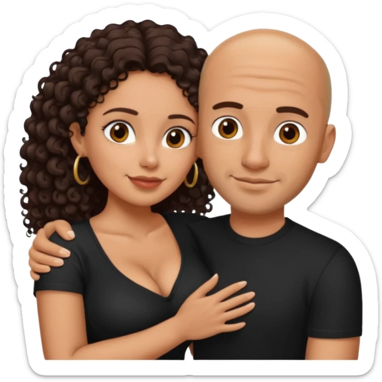 A picture of an embracing tanned couple. the man is a Mexican man with tanned skin, with a bald hair cut, short beard and wearing a black shirt. the woman is short with long curly dark brown hair and with big boobs  sticker