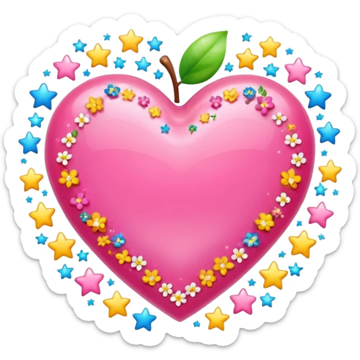 Colorful emoji-style icon of a large pink heart surrounded by sparkles, stars, and small flowers, representing overflowing love and joy. Bright and happy Apple-style emoji, glossy finish, white background. sticker