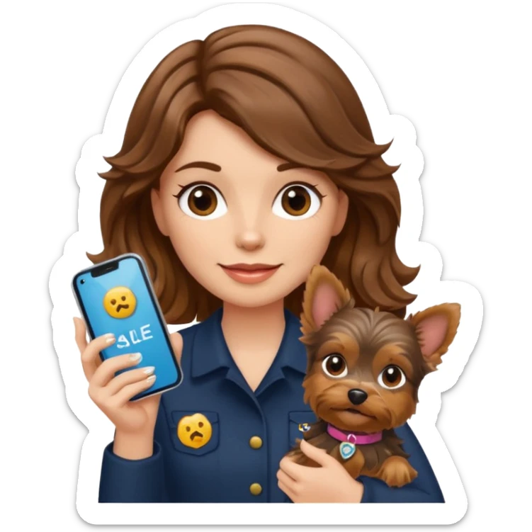woman with long brown wavy hair holding a Yorkshire Terrier, with an iPhone and a sale badge, emoji style sticker
