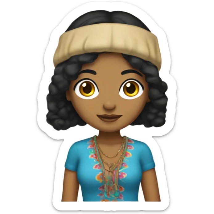 Tanned woman with black hair dressed in 1970s hippie attire, hair, makeup, and attire sticker