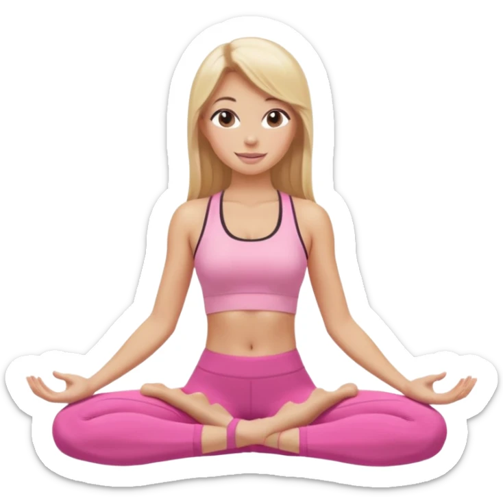 Mujer color de piel moreno con cabello rubio suelto y lacio y largo, que tenga gloss en los labios y se vea usando Blush rosita, usando un top rosa deportivo y leggins deportivo rosa en una pose de yoga sentada, viendo hacia enfrente con ojos negros y sonriendo sin mostrar los dientes sticker