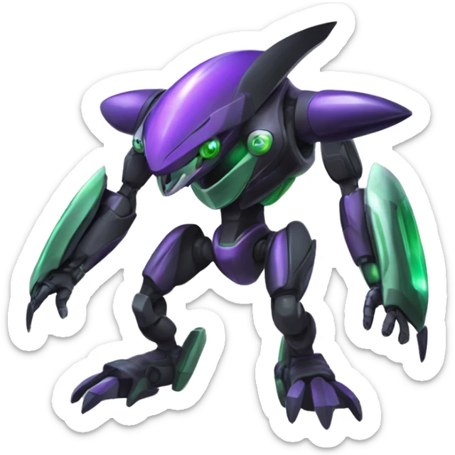a shiny black-green Genesect-Raptor-Fakémon-Medabot-hybrid with a futuristic visor-helmet full body sticker