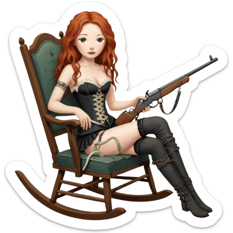 realistic cinematic Tori Amos sits on a rocking chair in a torn corset, holding an antique rifle and her bare feet are muddy. A white snake is wrapped around the chair. sticker