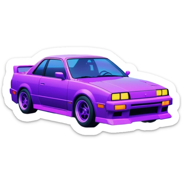 purple japanese car drifting under neon lights, foggy lakeside night, vaporwave colors, long exposure streaks, melancholic wavephonk vibe sticker