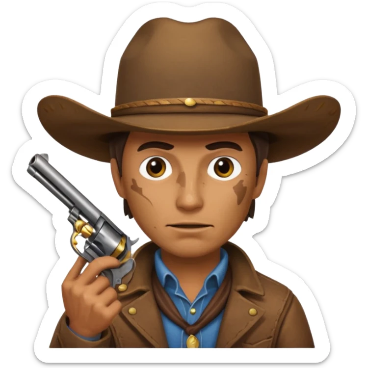 A cowboy pointing his revolver in your face  and saying, "Give me your money." sticker