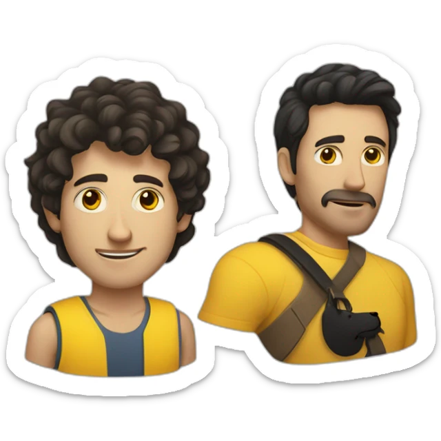 a skinny Caucasian brunnet man and a Caucasian black haired man with a yellow dog sticker