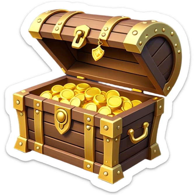 Clash of Clans aesthetic: Cinematic Playful 3D Isometric Treasure Chest Emoji, rendered in a 3D vector-style similar to standard emojis with minimal shading and bold, simplified shapes. A compact, distinct form with signature details, softly glowing with a fantasy RPG magic charm. Simplified yet unmistakably iconic, highly detailed and consistent, glowing with a soft radiance and high shine. Stylized with a touch of heroic grandeur and a soft glowing outline, capturing the essence of a beloved gaming relic with a friendly, playful manner! sticker