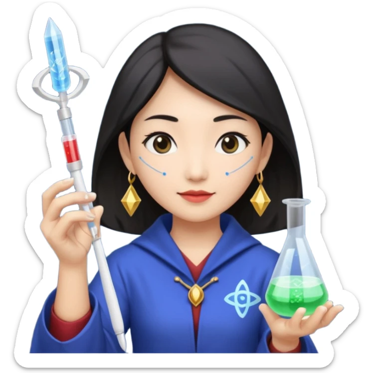 emoji of an asian woman wizard who wields a micropipette as a wand and a DNA helix spell coming from the pipette wand sticker