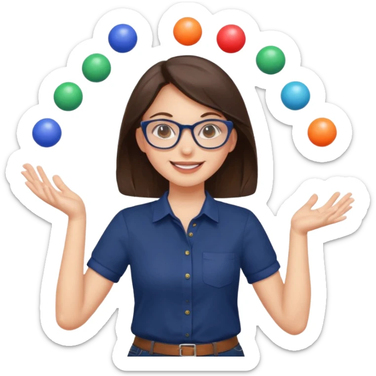 a cute brunette girl in a navy shirt wearing glasses,  juggling multicolored balls with two hands  sticker
