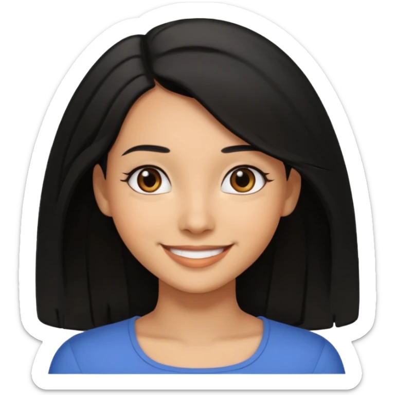 emoji of a light brown skinned female with shoulder length black hair, smiling sticker