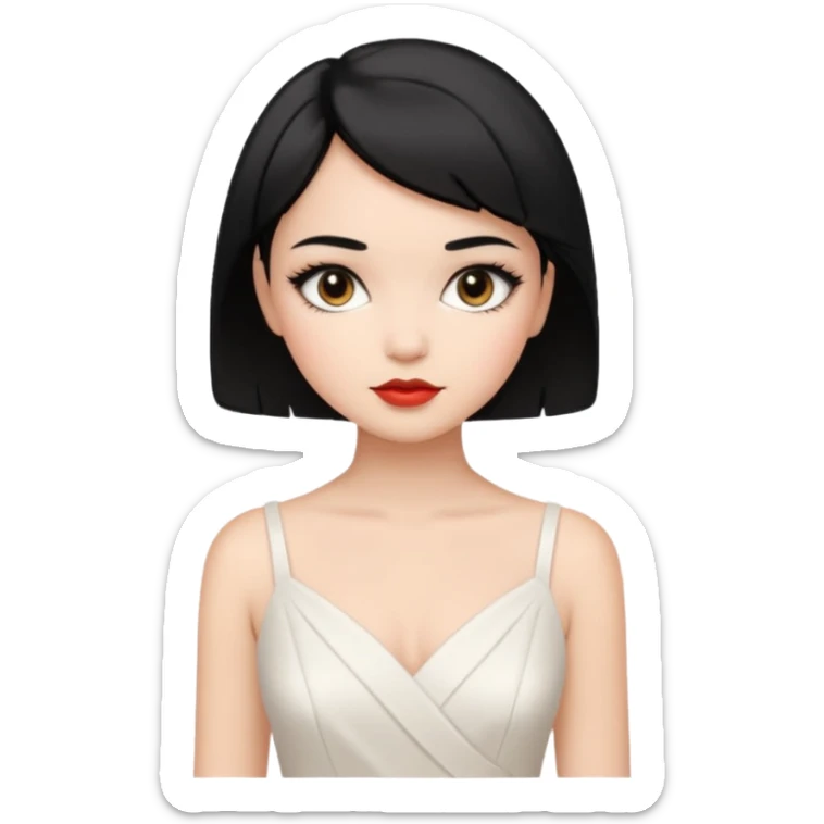 a short black hair girl with elegant white dress, wearing makeup sticker