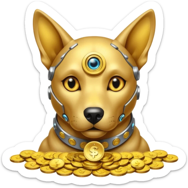 i want to create a dog cyberdog like from cyberpunk with one cyberpunky eye and he looks greedy with golden coins sticker
