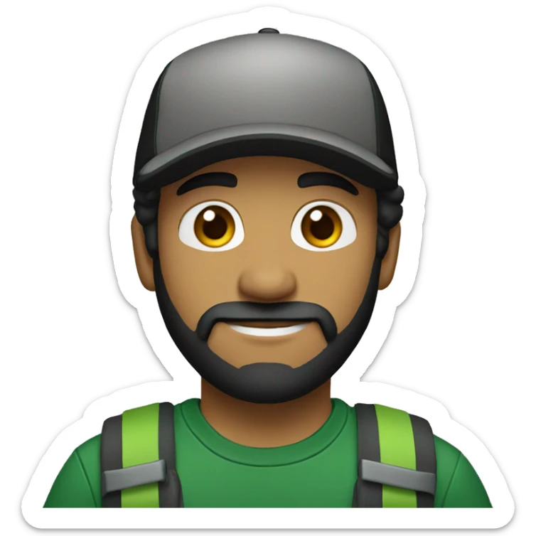 brown man with a dark beard, dark eyes, dark green t-shirt and a black cap sticker