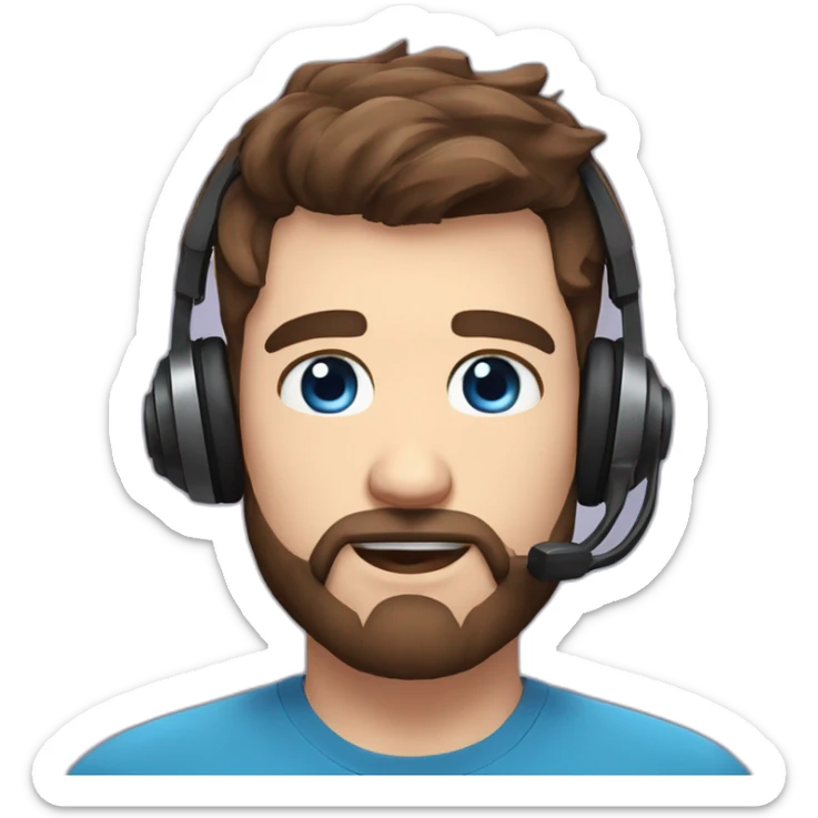 twitch emote husband with brown hair fade haircut and a full beard with blue eyes wearing gaming headset, with different emotions sticker