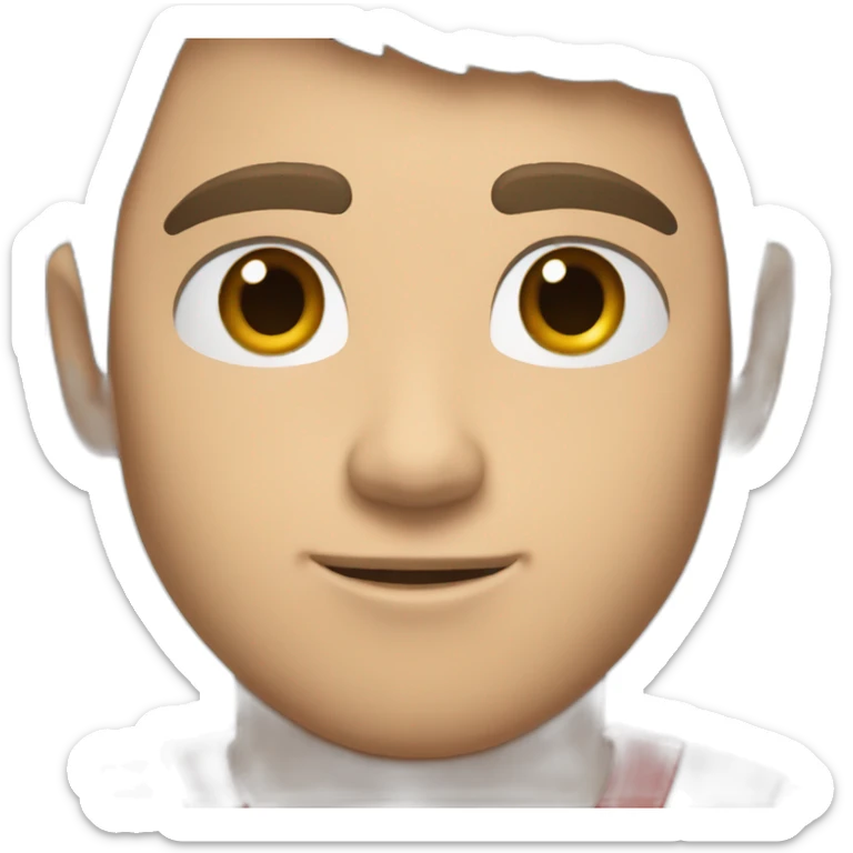 a white male teenager with very short dark hair and brown eyes in a red ferrari jersey sticker