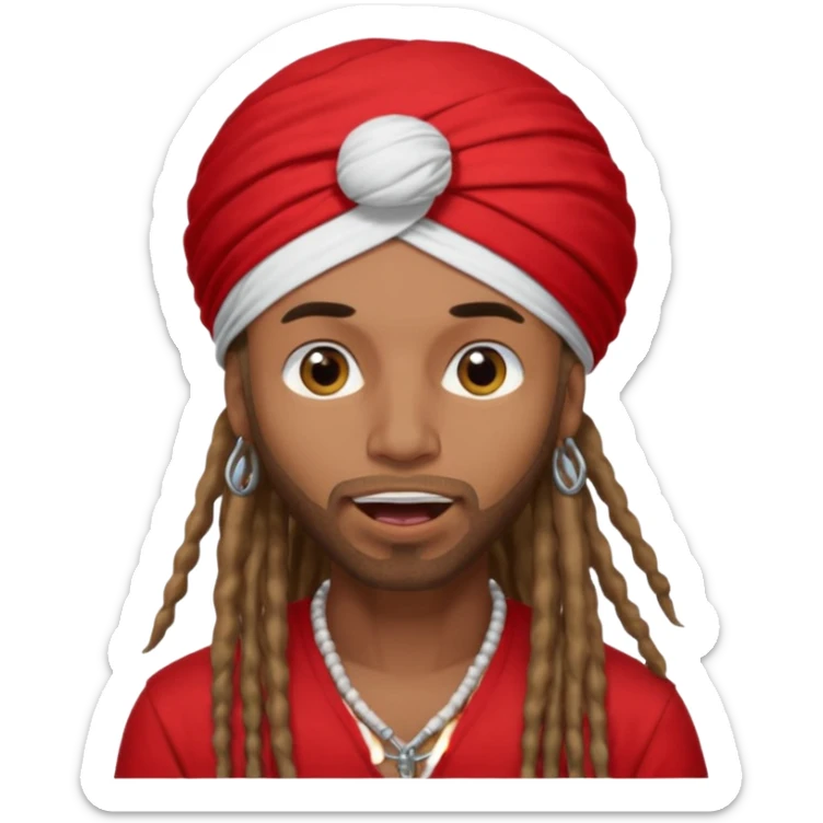 Brownskin man with long dreadlocks 
red t-shirt 
white turban 
in love eyes
his eyes mouth open  sticker