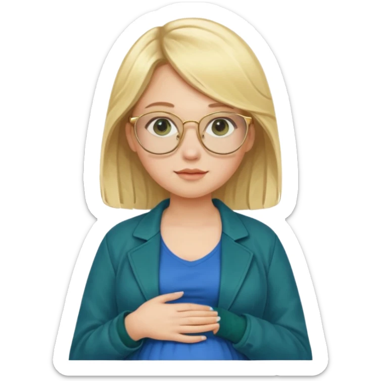 pregnant blonde 18-year old with golden glasses in a bright blue dress and a dark green jacket on top of the blue dress standing sassily sticker