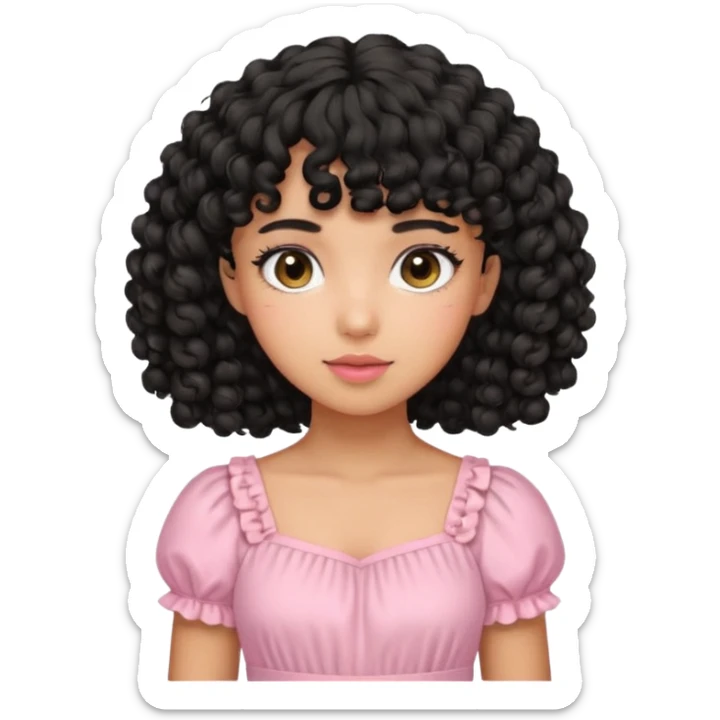 uma menina fofa de pele oliva e cabelos pretos encaracolados e com franja encaracolada e um vestido rosa pastel sticker
