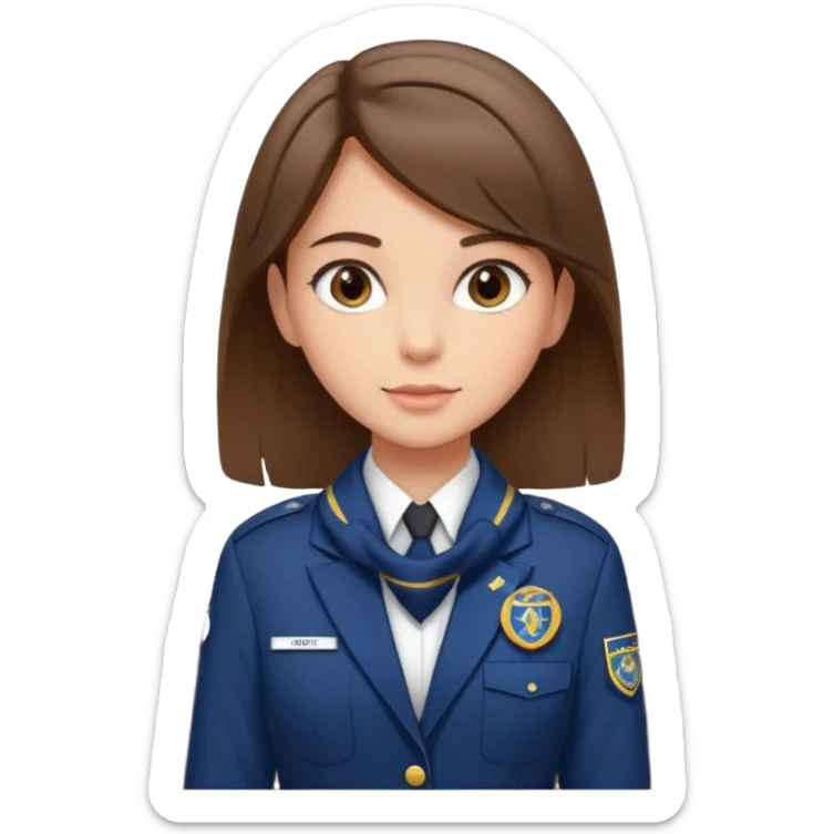 Young girl, straight hair, wearing uniform jacket with hotel name badge, tasteful scarf, stand behind the desk sticker