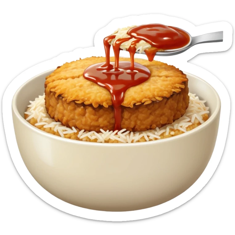 katsudon in a bowl: bowl filled with rice, a bit of sauce over the rice and a breaded pork cutlet sticker