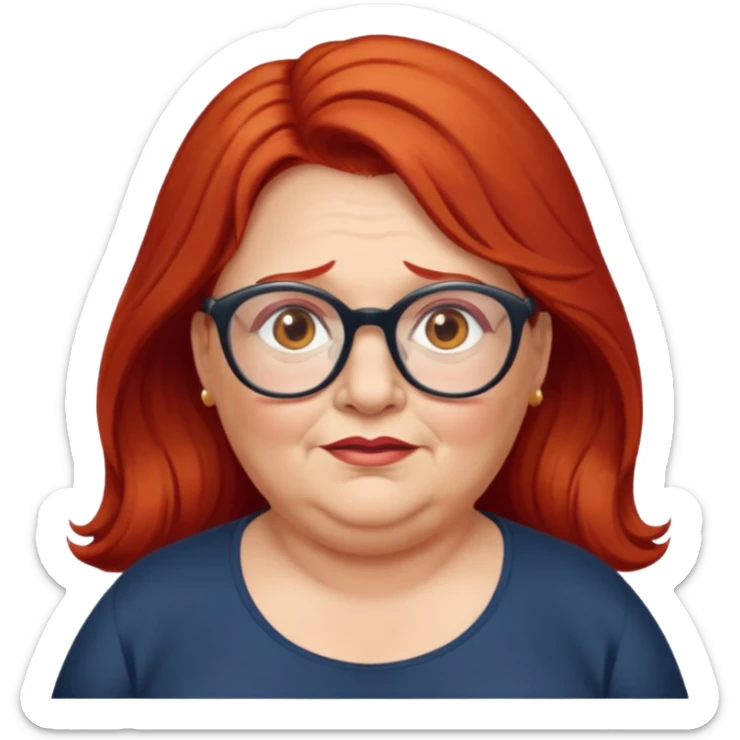 obese; older 50's ; long red hair ; women hazel eyes; glasses sticker