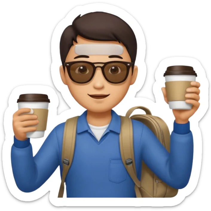 An asian man wearing sunglasses and carrying a backpack, holding a cup of coffee and waving his hand (in greeting) sticker