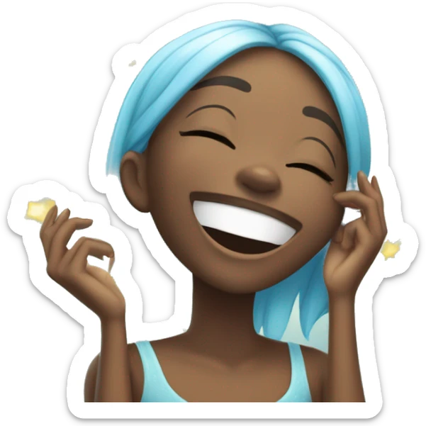 A cute, cheerful black girl laughing, covering her mouth and eyes closed in joy, surrounded by light blue sparkles sticker