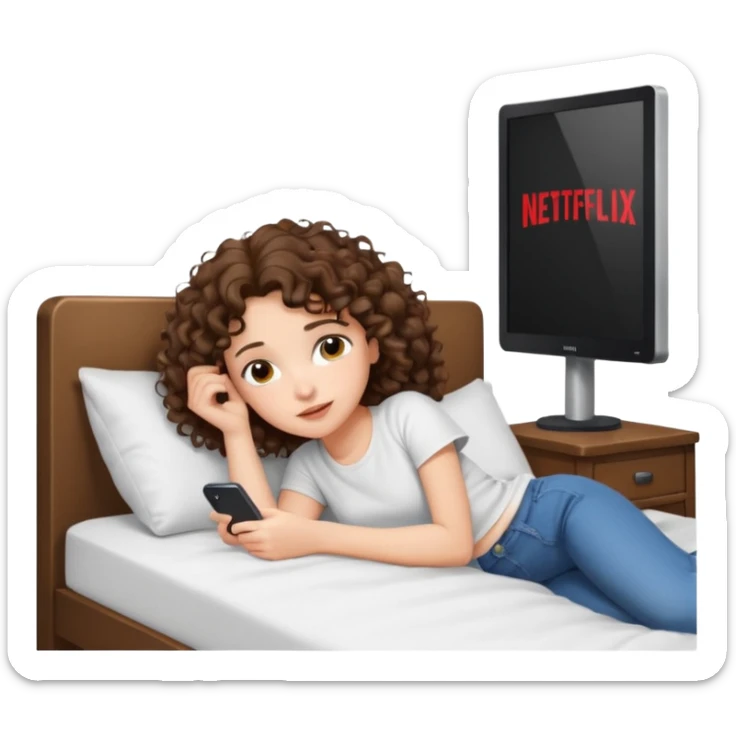 A girl, brunette with curly hair down to her shoulders, watching TV. Have her lie down on the bed, and put on Netflix on the TV. She walks by with her back to the camera, looking at the TV. sticker