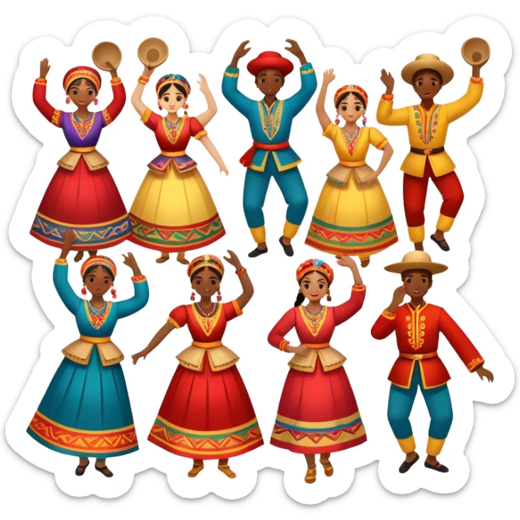 Icon for Folk Dance: a group of men and women 4-5 persons in vibrant national costumes, performing a traditional dance. Some dancers hold castanets and tambourines, capturing the energy and cultural heritage of folk dance. Transparent background. sticker