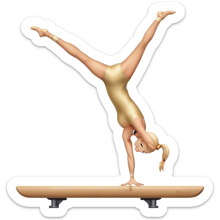 An artistic emoji of a professional sports acrobat performing a stunning balance pose on a narrow beam. The acrobat showcases perfect control, flexibility, and strength, executing an elegant handstand. The background features a bright gymnastics arena with spotlights. sticker