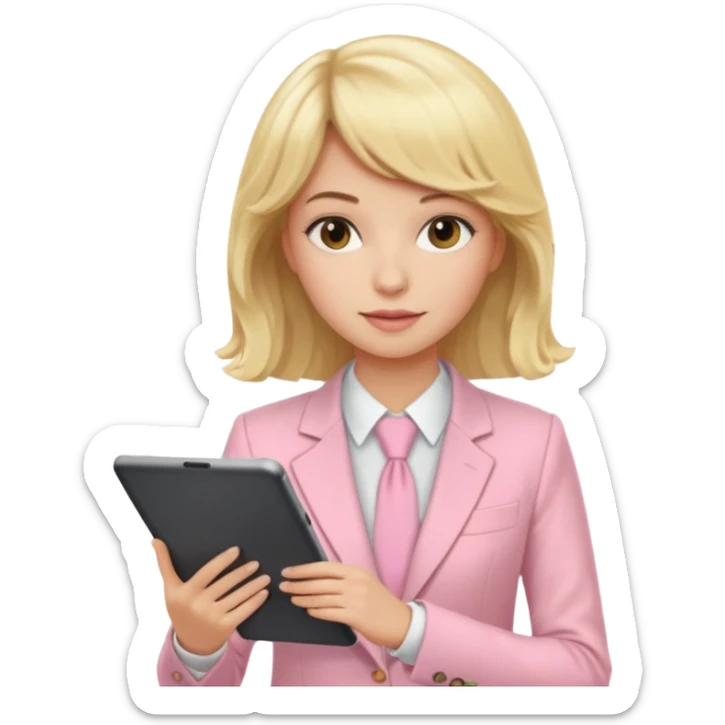 Longe blonde wavy hair lady with a strait fringe and a light pink suit working in a tablet sticker