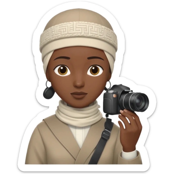 Black Muslim photographer, dark skin tone, dressed in a modest modern outfit, kufi cap, holding a DSLR camera (Canon/Nikon), focused expression, outdoor photoshoot setting, clean depth of field, highly realistic, detailed portrait, 4K. sticker